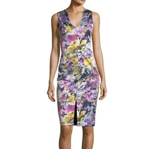 Black Halo V Neck Slit Sheath Dress‎ in Floral Navy sz 0